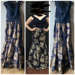 Xscape bnavy blue gold dress